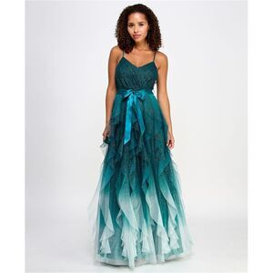 pear culture Womens Ombre Ruffled Style Gown Dress, Green, NWT